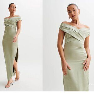 MESHKI HARLEY Off Shoulder Satin Maxi Dress - Sage *NWT*